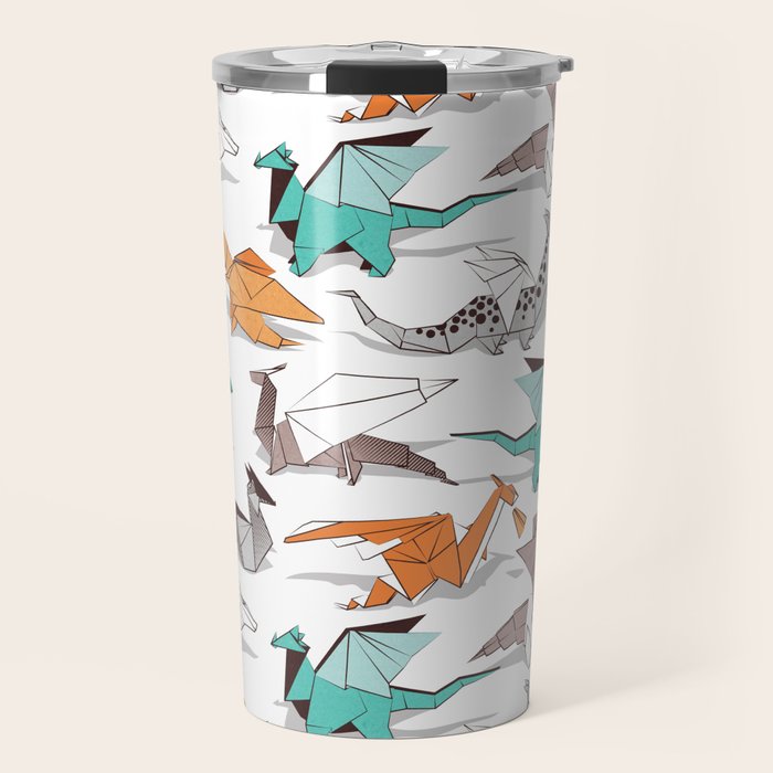 Origami dragon friends // white background aqua orange grey and taupe fantastic creatures Travel Mug Gallery Image 1
