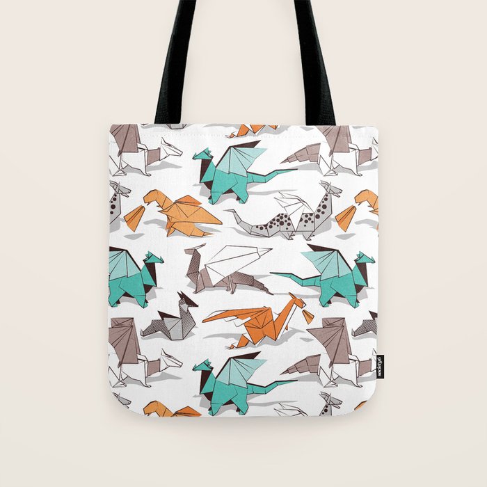 Origami dragon friends // white background aqua orange grey and taupe fantastic creatures Tote Bag Gallery Image 1