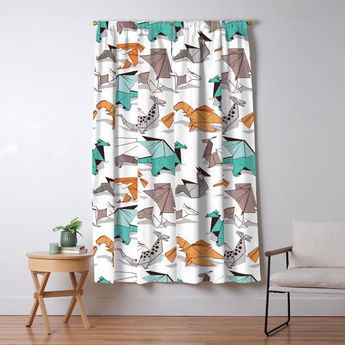 Origami dragon friends // white background aqua orange grey and taupe fantastic creatures Window Curtain Gallery Image 5