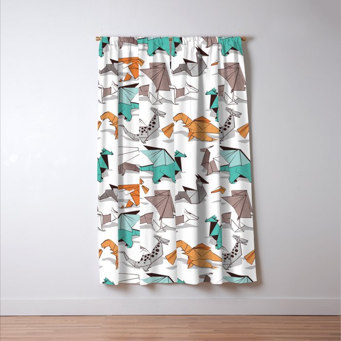 Origami dragon friends // white background aqua orange grey and taupe fantastic creatures Window Curtain Gallery Image 3
