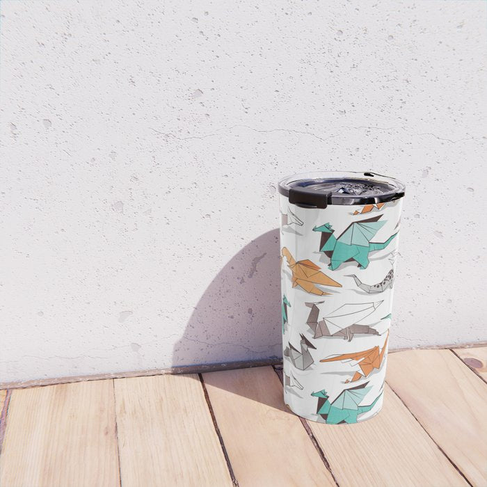 Origami dragon friends // white background aqua orange grey and taupe fantastic creatures Travel Mug Gallery Image 4