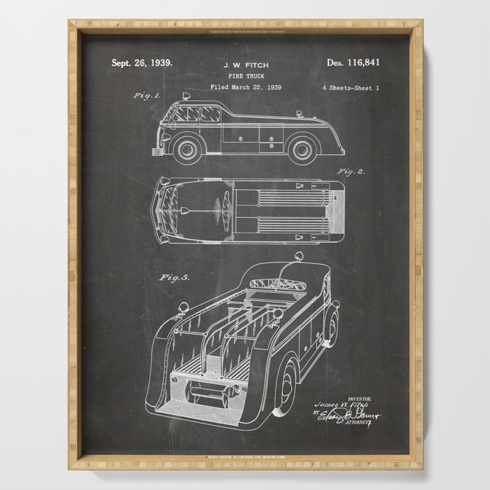Fire Truck Patent - Fireman Art - Black Chalkboard Serving Tray Gallery Image 1