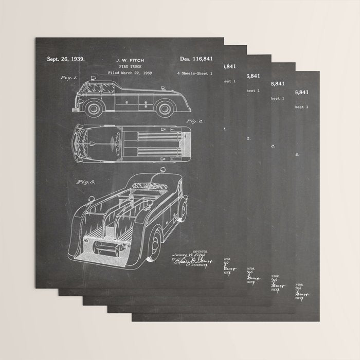 Fire Truck Patent - Fireman Art - Black Chalkboard Wrapping Paper Gallery Image 3