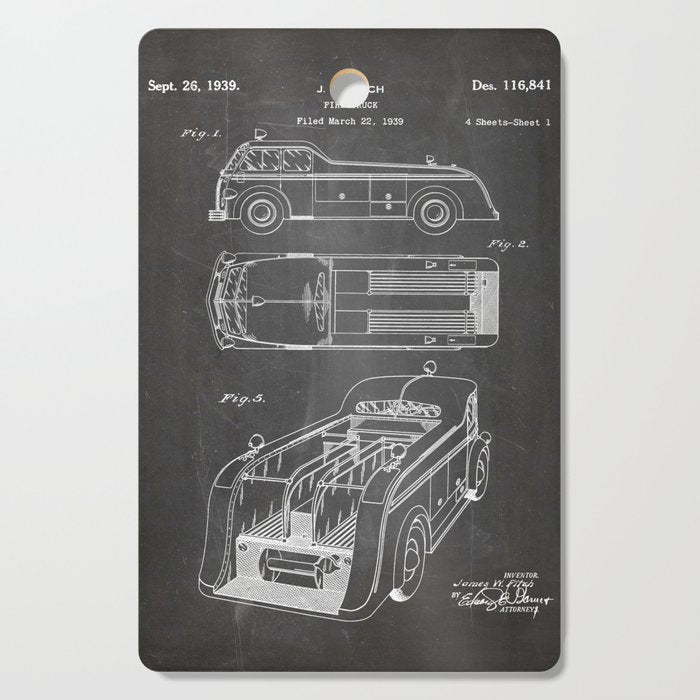 Fire Truck Patent - Fireman Art - Black Chalkboard Cutting Board Gallery Image 1