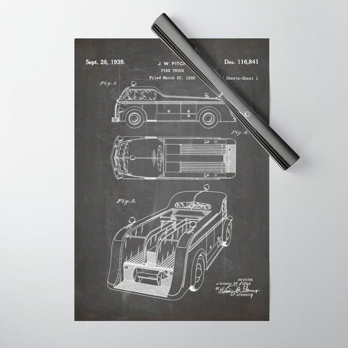 Fire Truck Patent - Fireman Art - Black Chalkboard Wrapping Paper Gallery Image 1