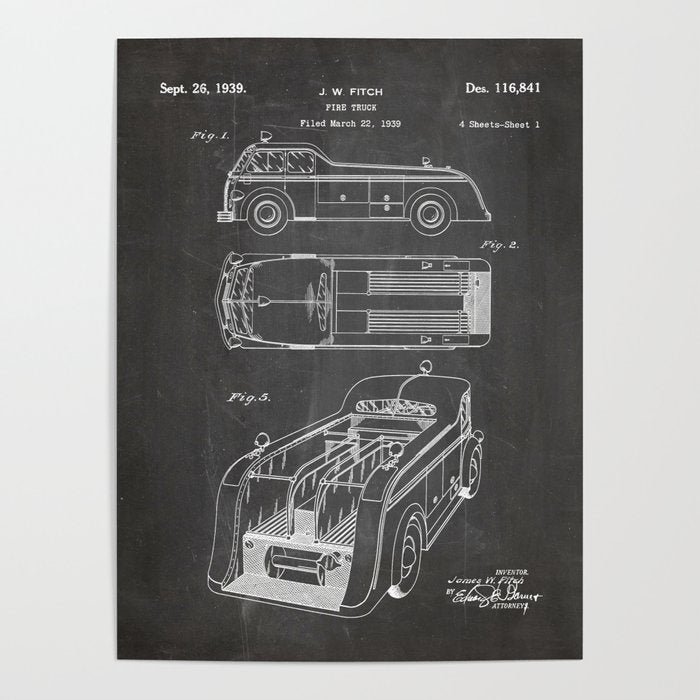 Fire Truck Patent - Fireman Art - Black Chalkboard Poster Gallery Image 1