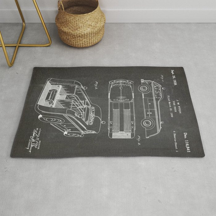 Fire Truck Patent - Fireman Art - Black Chalkboard Rug Gallery Image 1