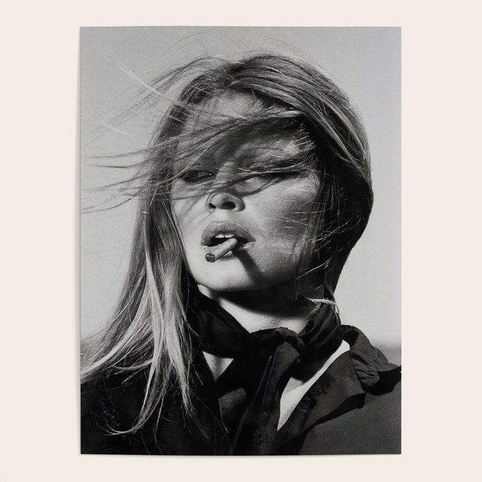 Brigitte Bardot Smoking a Cigarette Black and White Photograph