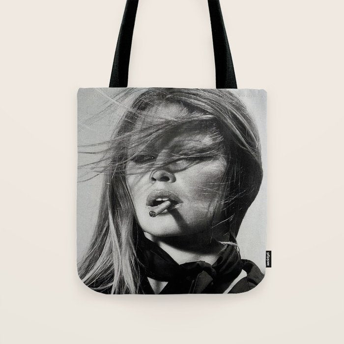 Brigitte Bardot Smoking a Cigarette, Black and White Photograph Tote Bag Gallery Image 1