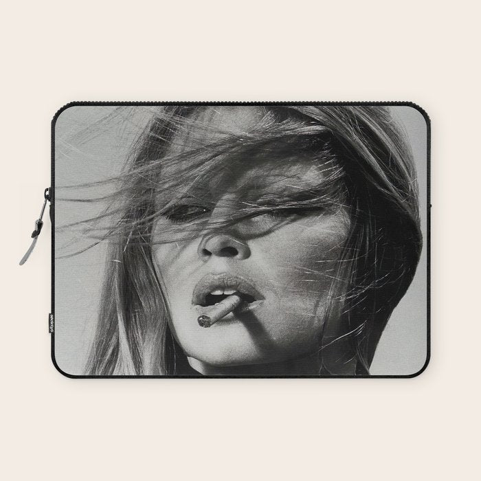 Brigitte Bardot Smoking a Cigarette, Black and White Photograph Laptop Sleeve Gallery Image 1