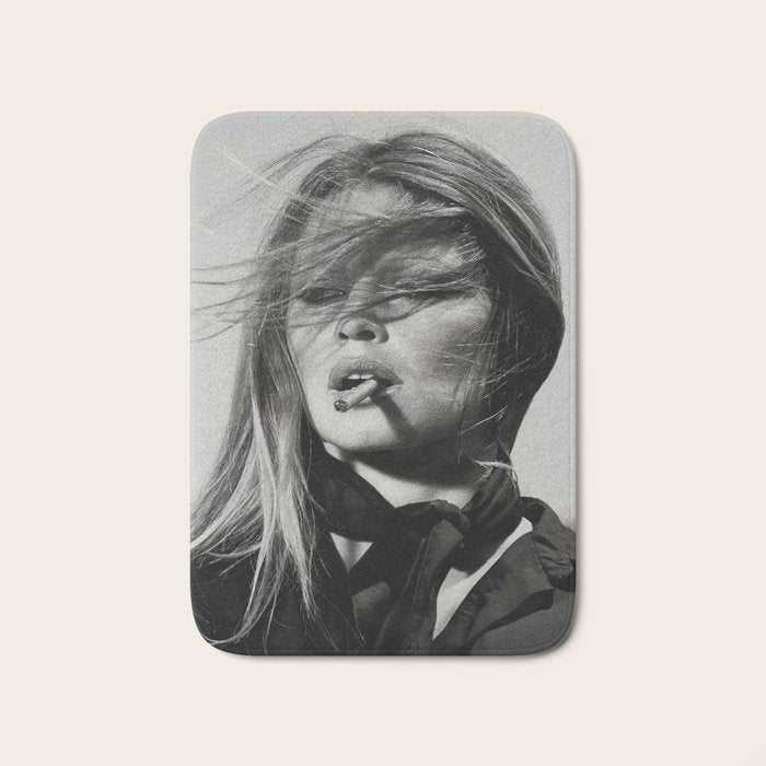 Brigitte Bardot Smoking a Cigarette, Black and White Photograph Bath Mat Gallery Image 1
