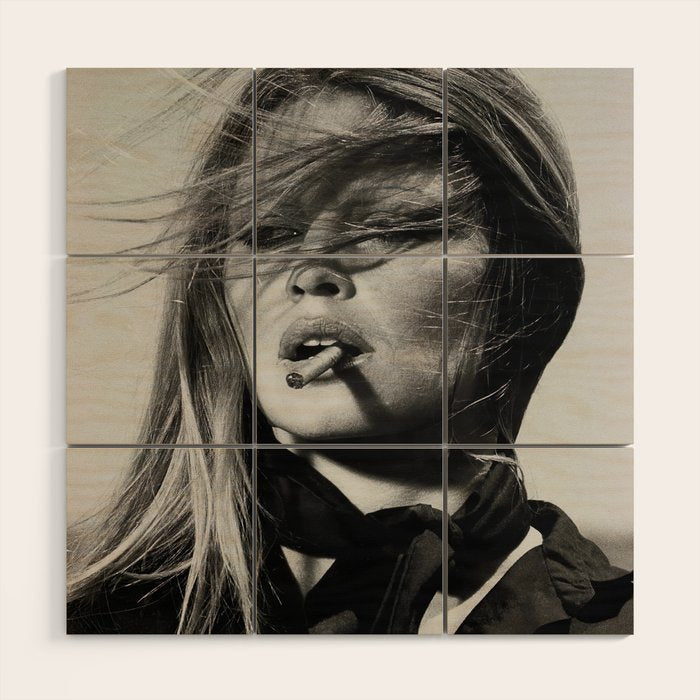 Brigitte Bardot Smoking a Cigarette, Black and White Photograph Wood Wall Art Gallery Image 1
