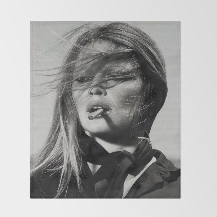 Brigitte Bardot Smoking a Cigarette, Black and White Photograph Throw Blanket Gallery Image 2