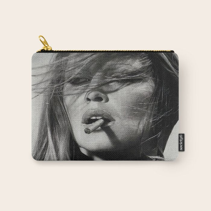 Brigitte Bardot Smoking a Cigarette, Black and White Photograph Carry All Pouch Gallery Image 1