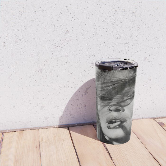 Brigitte Bardot Smoking a Cigarette, Black and White Photograph Travel Mug Gallery Image 4