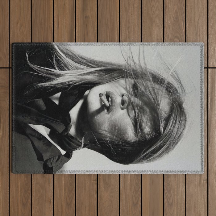 Brigitte Bardot Smoking a Cigarette, Black and White Photograph Outdoor Rug Gallery Image 1