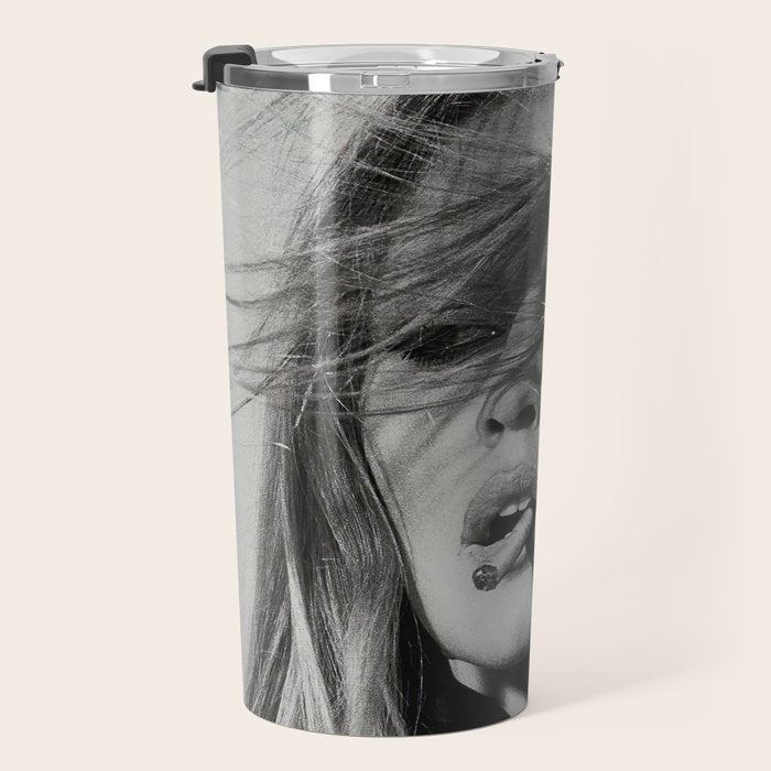 Brigitte Bardot Smoking a Cigarette, Black and White Photograph Travel Mug Gallery Image 3