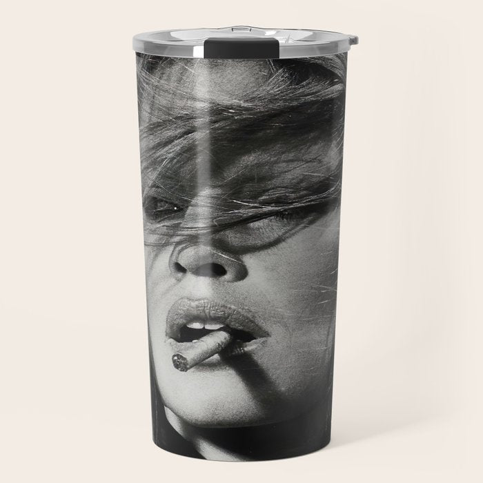 Brigitte Bardot Smoking a Cigarette, Black and White Photograph Travel Mug Gallery Image 1