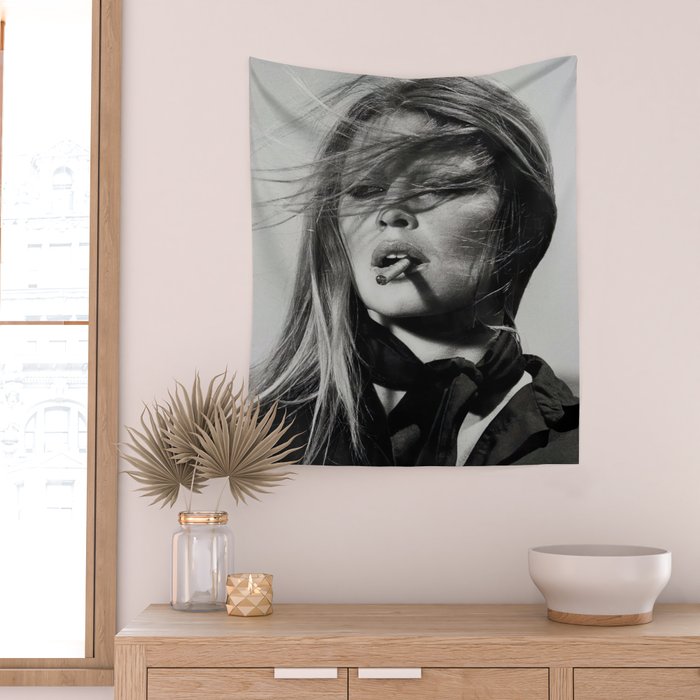 Brigitte Bardot Smoking a Cigarette, Black and White Photograph Wall Tapestry Gallery Image 2