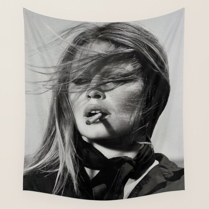 Brigitte Bardot Smoking a Cigarette, Black and White Photograph Wall Tapestry Gallery Image 4