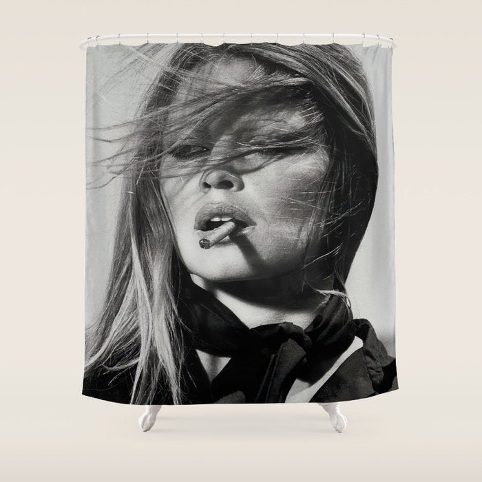 Brigitte Bardot Smoking a Cigarette, Black and White Photograph Shower Curtain Gallery Image 1