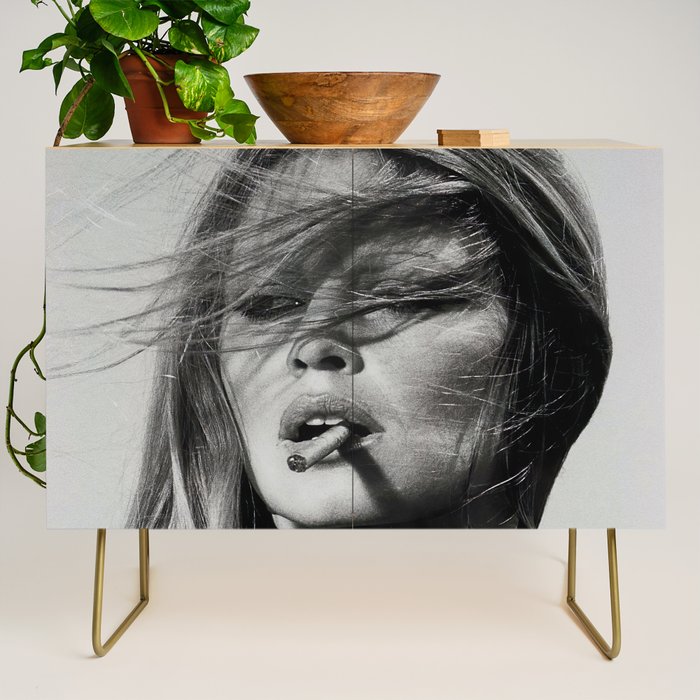 Brigitte Bardot Smoking a Cigarette, Black and White Photograph Credenza Gallery Image 1