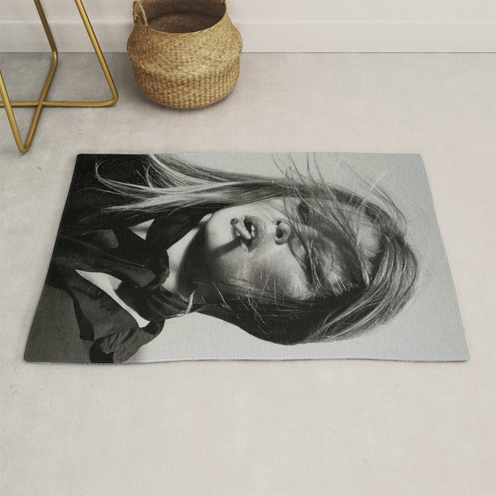Brigitte Bardot Smoking a Cigarette, Black and White Photograph Rug Gallery Image 1