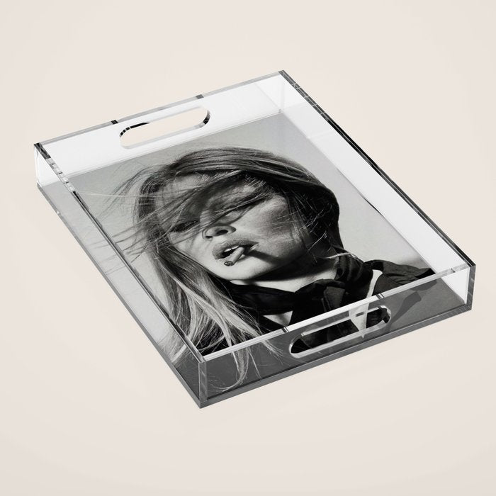 Brigitte Bardot Smoking a Cigarette, Black and White Photograph Acrylic Tray Gallery Image 1