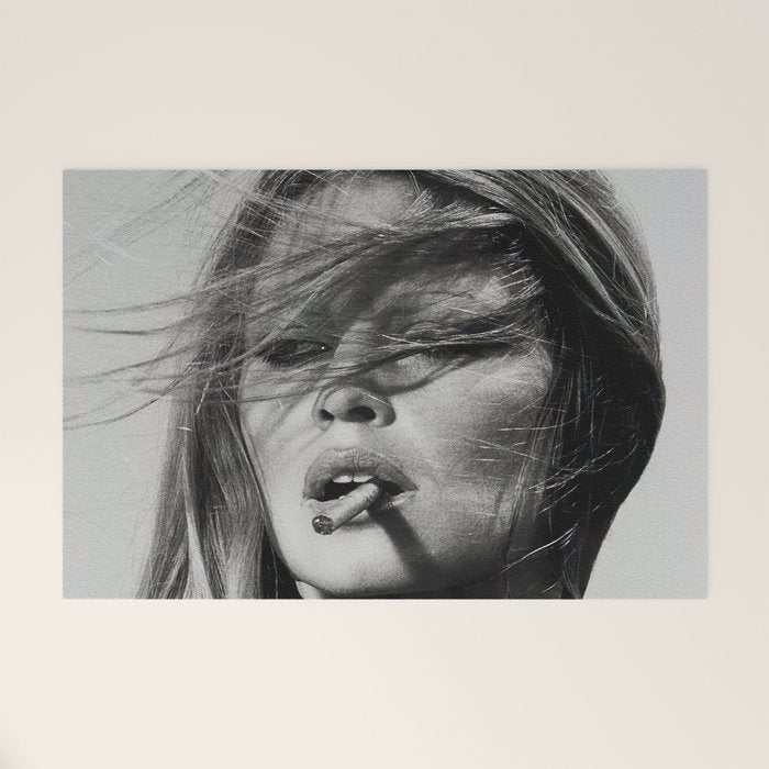 Brigitte Bardot Smoking a Cigarette, Black and White Photograph Welcome Mat Gallery Image 1