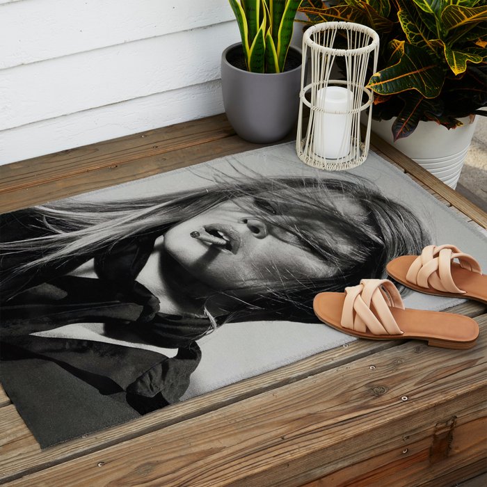 Brigitte Bardot Smoking a Cigarette, Black and White Photograph Outdoor Rug Gallery Image 2