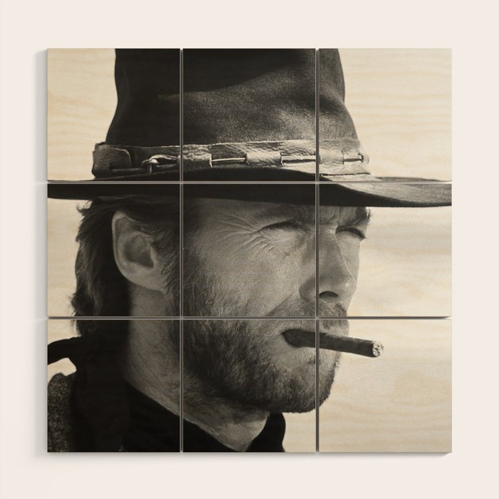 Clint Eastwood Smoking a Cigar Retro Vintage Art Wood Wall Art Gallery Image 1