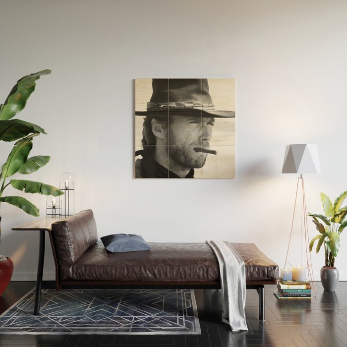 Clint Eastwood Smoking a Cigar Retro Vintage Art Wood Wall Art Gallery Image 2
