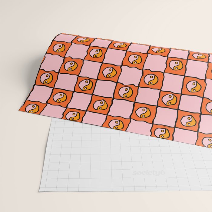 Orange Ying yang Checkered Print Wrapping Paper Gallery Image 2