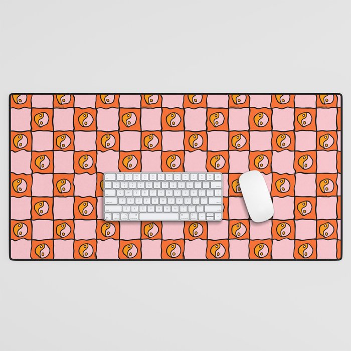 Orange Ying yang Checkered Print Desk Mat Gallery Image 1