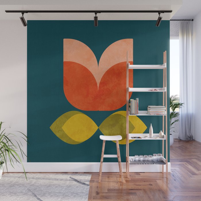retro tulips teal Wall Mural Gallery Image 1