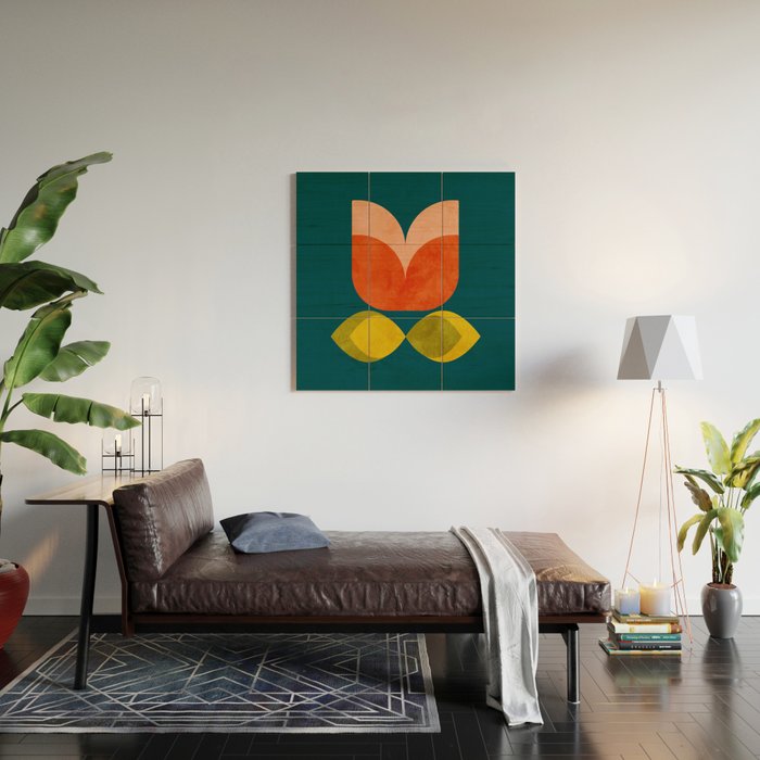 retro tulips teal Wood Wall Art Gallery Image 2