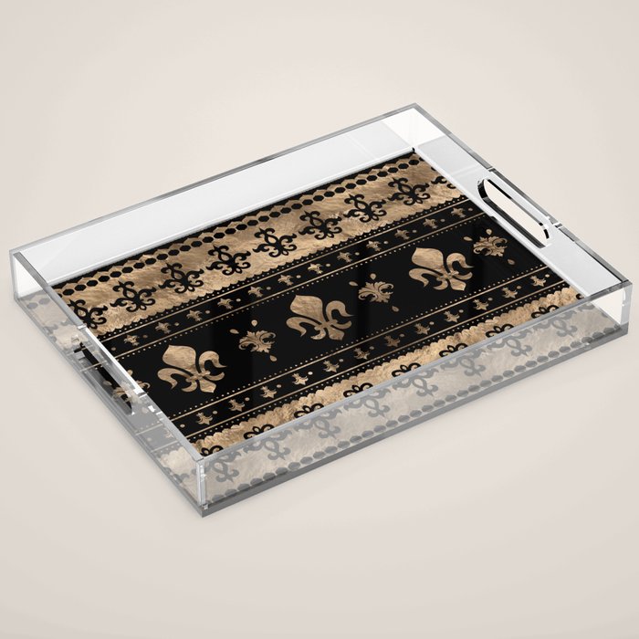 Luxury black and gold Fleur-de-lis ornament  Acrylic Tray Gallery Image 1