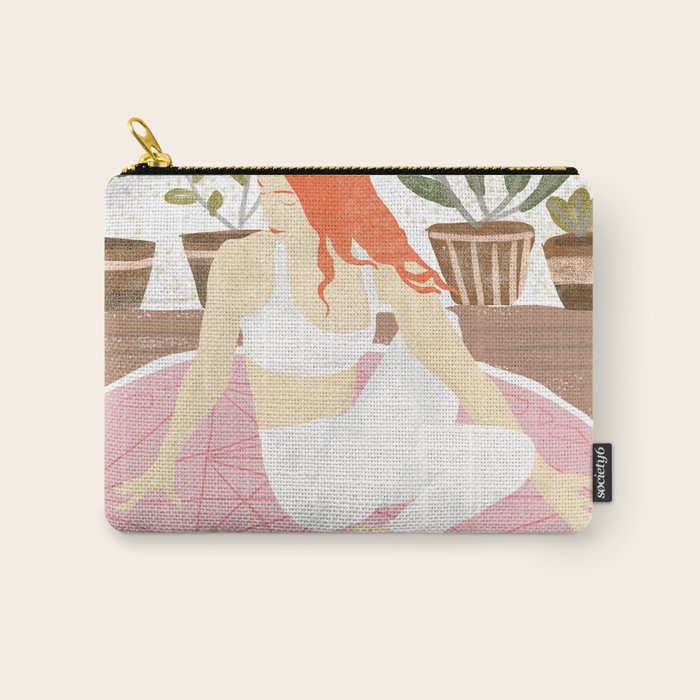 Yoga + Pizza, Red Head Woman Work Out Stay At Home, Ginger Plant Lady Home Decor Food Illustration Carry All Pouch Gallery Image 1
