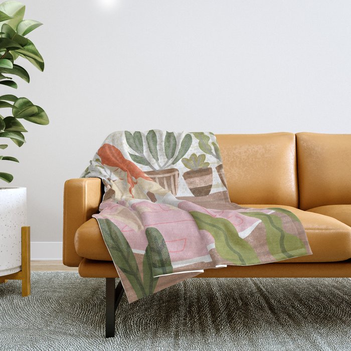 Yoga + Pizza, Red Head Woman Work Out Stay At Home, Ginger Plant Lady Home Decor Food Illustration Throw Blanket Gallery Image 1