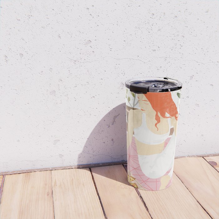 Yoga + Pizza, Red Head Woman Work Out Stay At Home, Ginger Plant Lady Home Decor Food Illustration Travel Mug Gallery Image 4