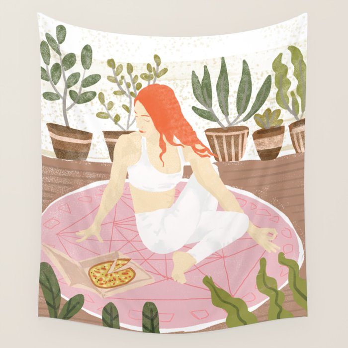 Yoga + Pizza, Red Head Woman Work Out Stay At Home, Ginger Plant Lady Home Decor Food Illustration Wall Tapestry Gallery Image 4