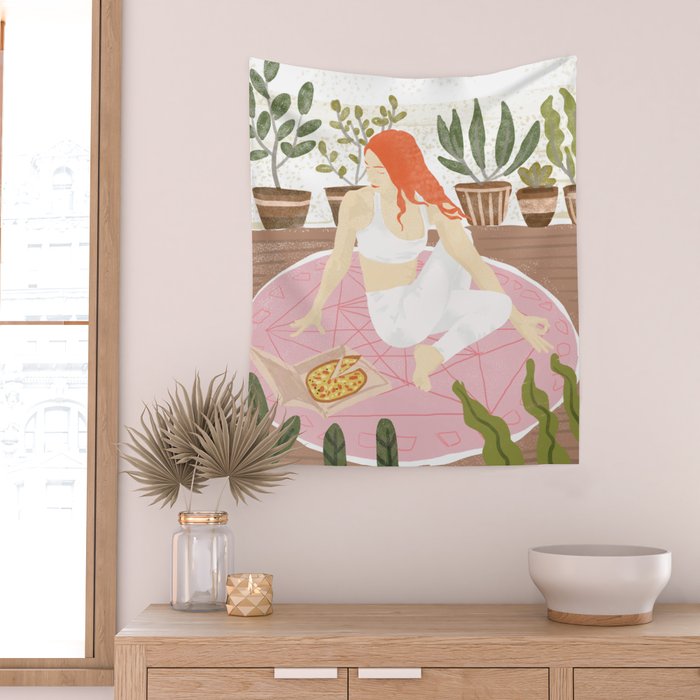Yoga + Pizza, Red Head Woman Work Out Stay At Home, Ginger Plant Lady Home Decor Food Illustration Wall Tapestry Gallery Image 2