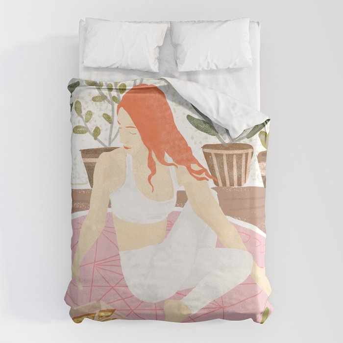 Yoga + Pizza, Red Head Woman Work Out Stay At Home, Ginger Plant Lady Home Decor Food Illustration Duvet Cover Gallery Image 6