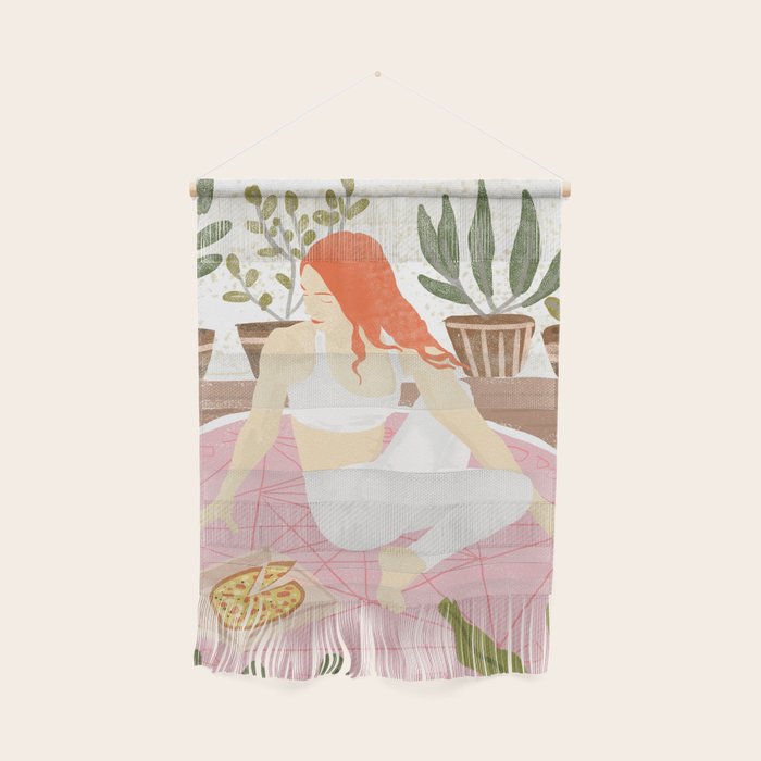 Yoga + Pizza, Red Head Woman Work Out Stay At Home, Ginger Plant Lady Home Decor Food Illustration Wall Hanging Gallery Image 1