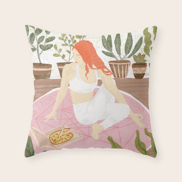 Yoga + Pizza, Red Head Woman Work Out Stay At Home, Ginger Plant Lady Home Decor Food Illustration Throw Pillow Gallery Image 6