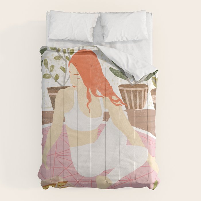 Yoga + Pizza, Red Head Woman Work Out Stay At Home, Ginger Plant Lady Home Decor Food Illustration Comforter Gallery Image 6