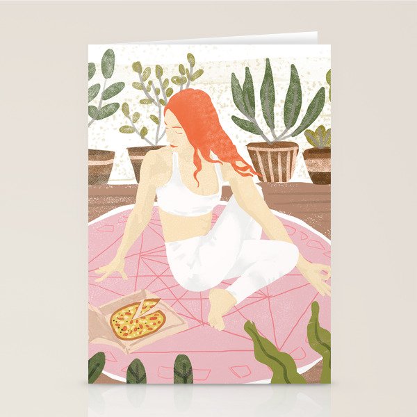 Yoga + Pizza, Red Head Woman Work Out Stay At Home, Ginger Plant Lady Home Decor Food Illustration Stationery Card Gallery Image 1