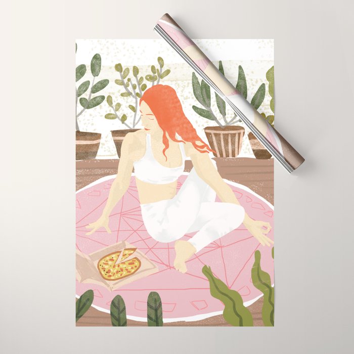 Yoga + Pizza, Red Head Woman Work Out Stay At Home, Ginger Plant Lady Home Decor Food Illustration Wrapping Paper Gallery Image 1