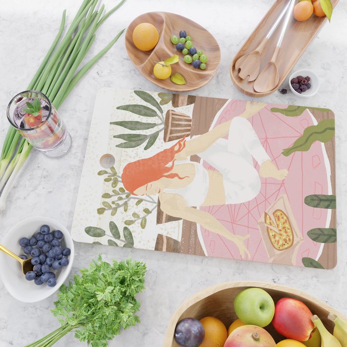 Yoga + Pizza, Red Head Woman Work Out Stay At Home, Ginger Plant Lady Home Decor Food Illustration Cutting Board Gallery Image 2