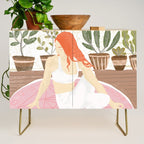 Yoga + Pizza, Red Head Woman Work Out Stay At Home, Ginger Plant Lady Home Decor Food Illustration Credenza Gallery Image 1